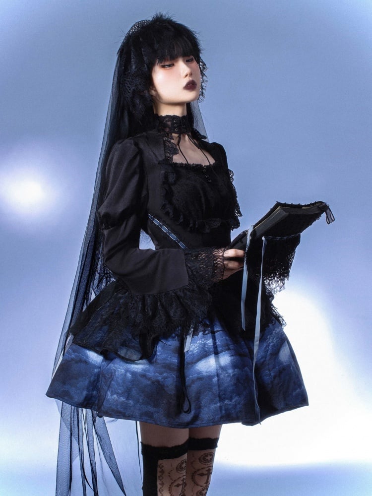 Gothic Bolero Design Bodice Bell Cuffs One Piece Black and Blue