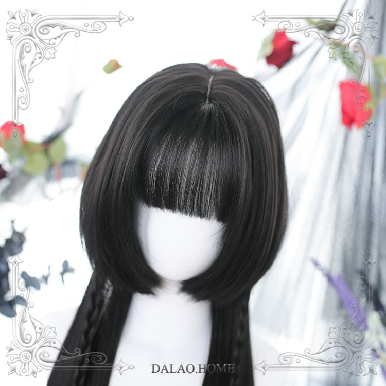 Silver Frost White / Black Hime Cut Mid-length Straight Synthetic Wig