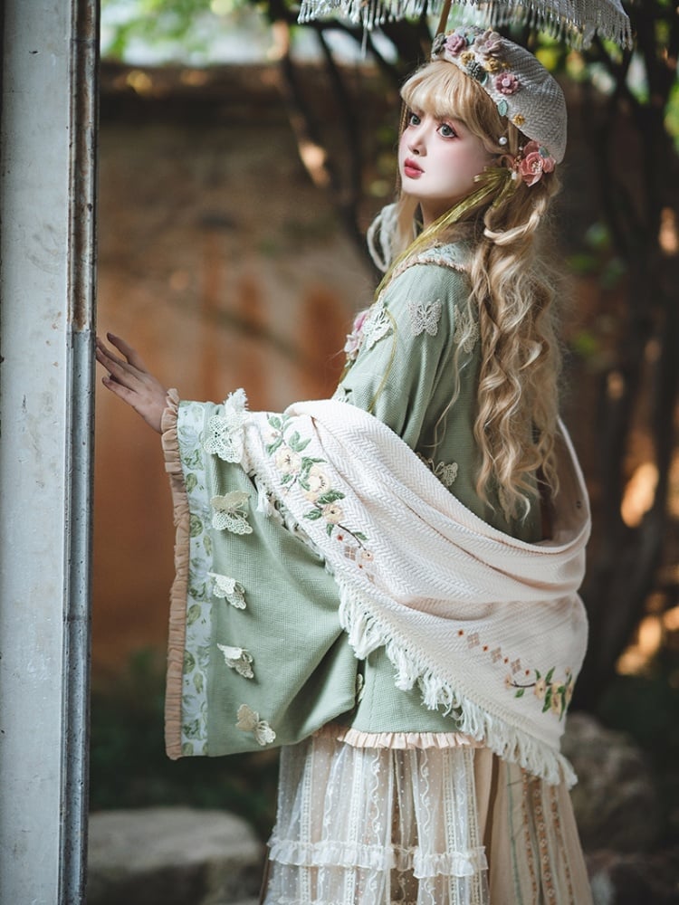 Beige and Green Long Sleeves Lolita Dress OP / Full Set