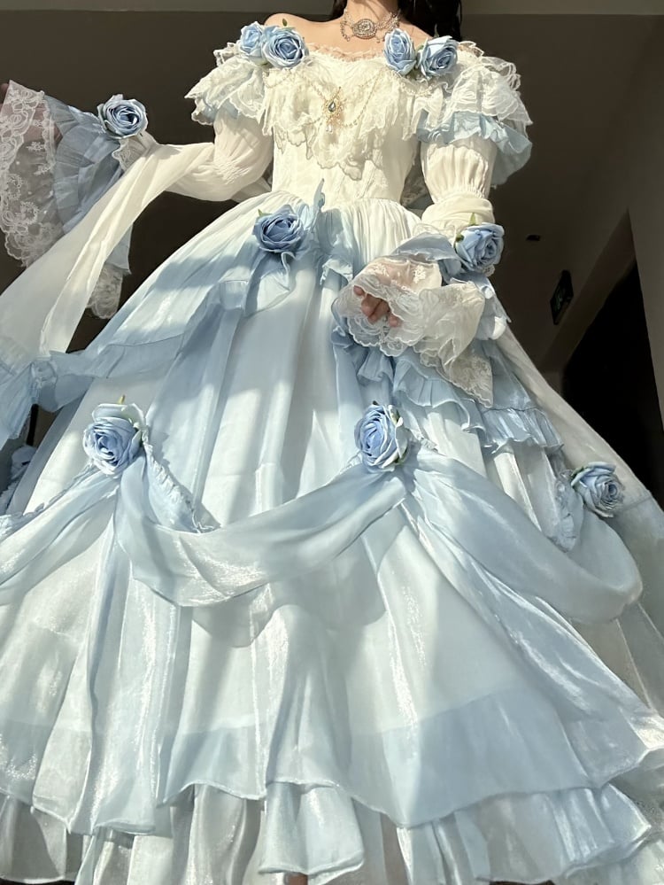 Blue Ombre Fairy Princess Dress Roses Decorated Hime Lolita Tea Party Dress - Sukuroi