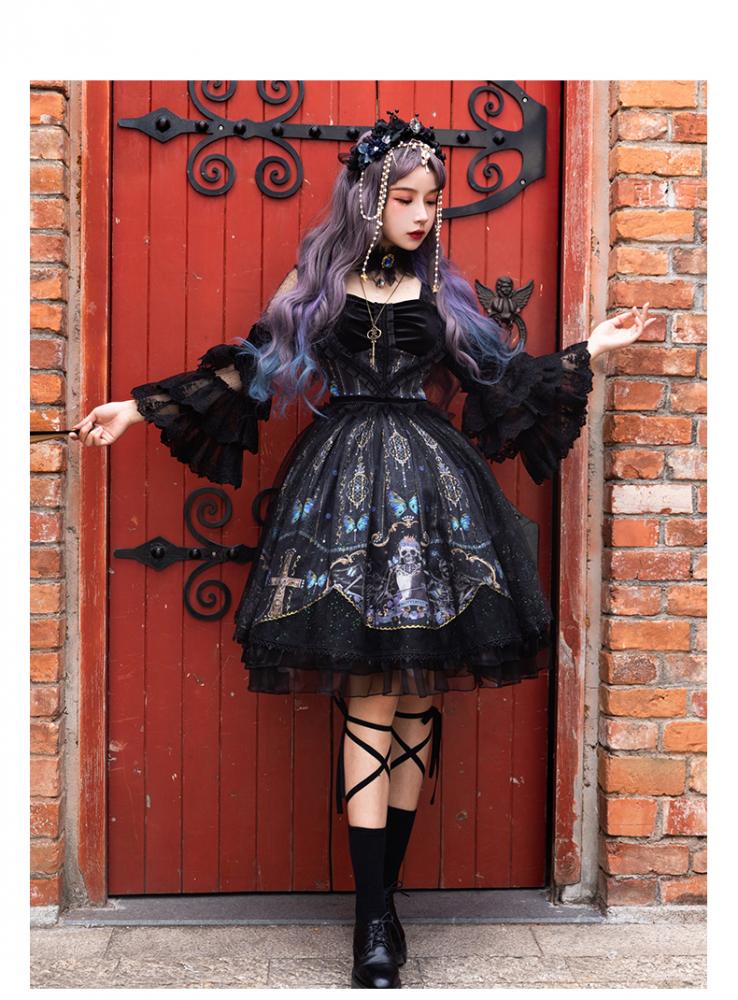 Butterfly Prints Gothic Long Sleeves One Piece / Full Set