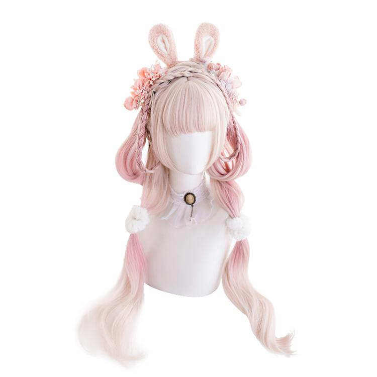 Peony Rabbit Pink Gradient Long Curly Synthetic Wig with Bangs