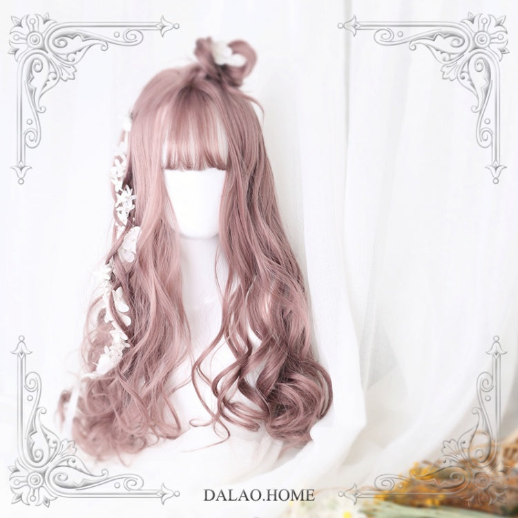 Dolles Gray Pink Air Bangs Long Curly Synthetic Wig