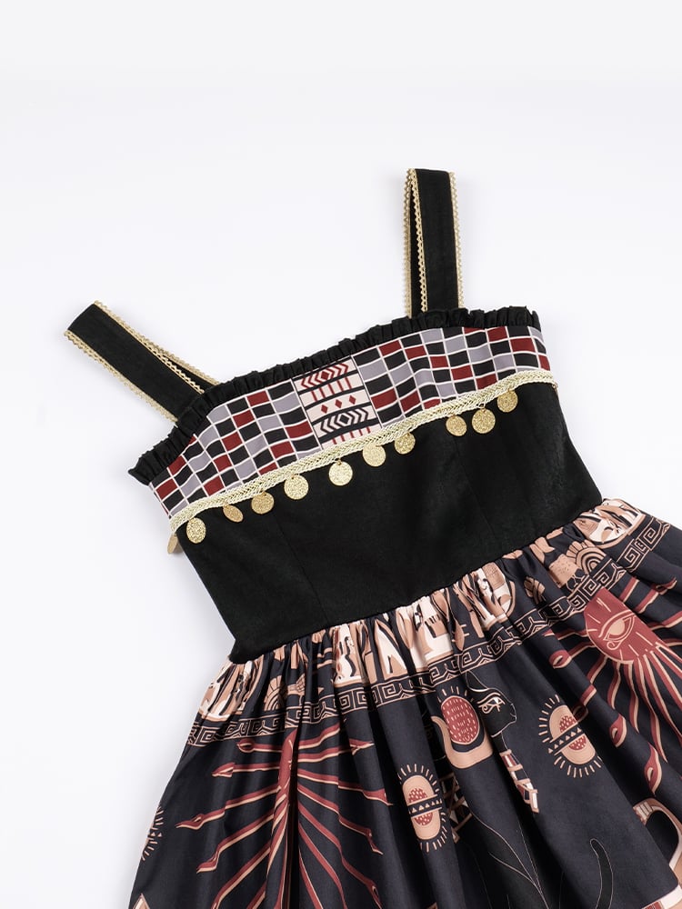 Black Ancient Egypt Totem Print High Waist Jumper Skirt