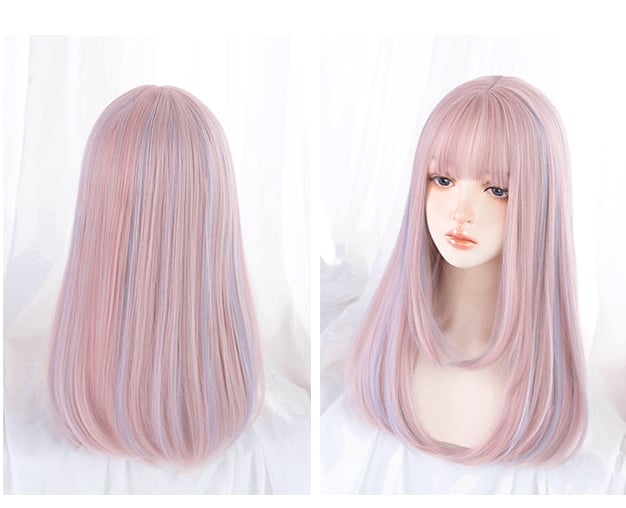 Sakura Pink Highlight Light Blue Straight Synthetic Wig