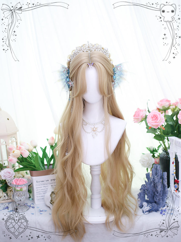 Champagne Curtain Bangs Long Wavy Synthetic Wig