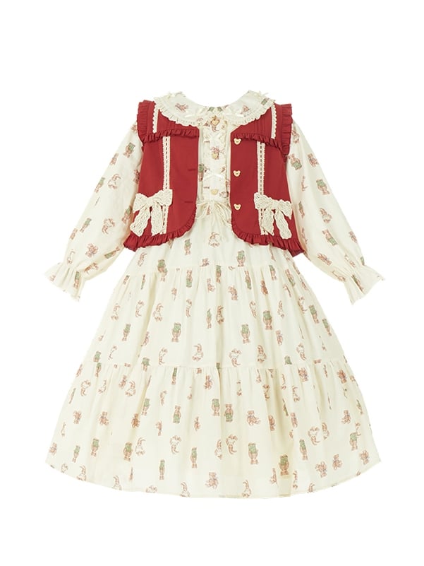 Creamy Bear and Rabbit Print Autumn Peter Pan Collar One Piece