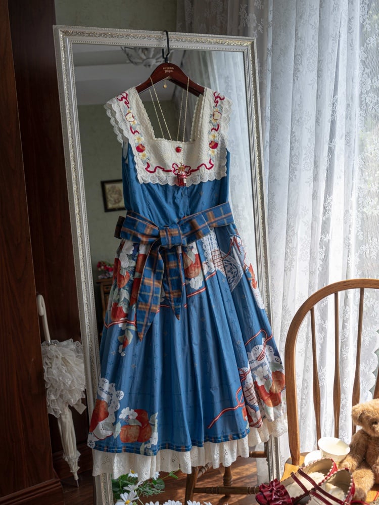 Apple and Floral Embroidery Square Neckline Blue Jumper Skirt