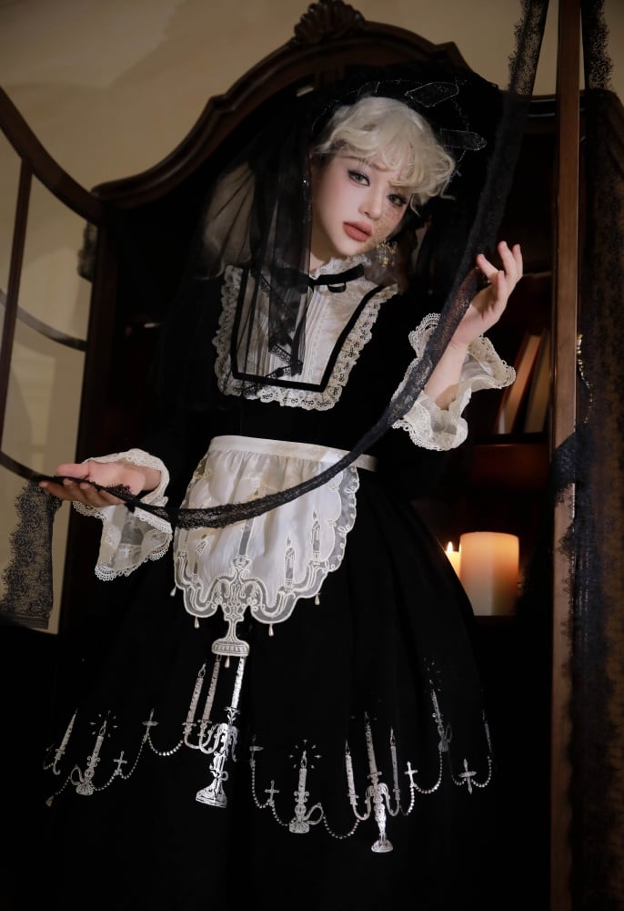 Cross and Candlestick Embroidery Black and White Gothic One Piece - Sukuroi