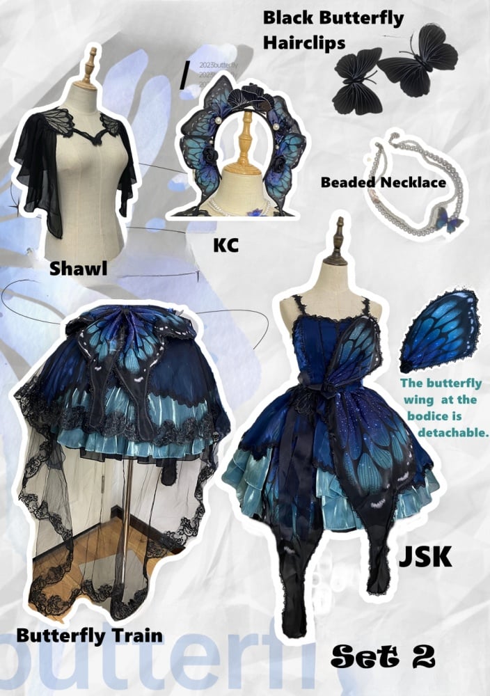 Blue-Purple Butterfly Jumper Skirt Full Set Gothic Princess Dress with Butterfly Train