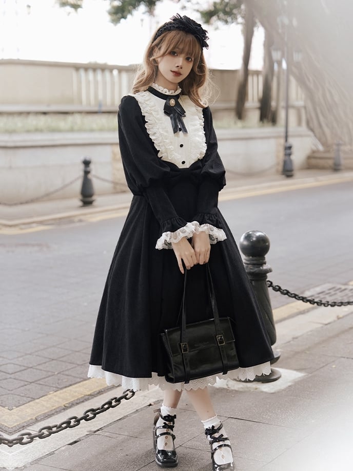 Black and White Elegant Leg-of-Mutton Sleeves One Piece