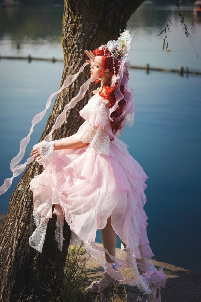 Fairycore Dress Full Set- Coral Embroidery Pink Princess Dress + Shell Tiara + Shell Wrist Cuffs