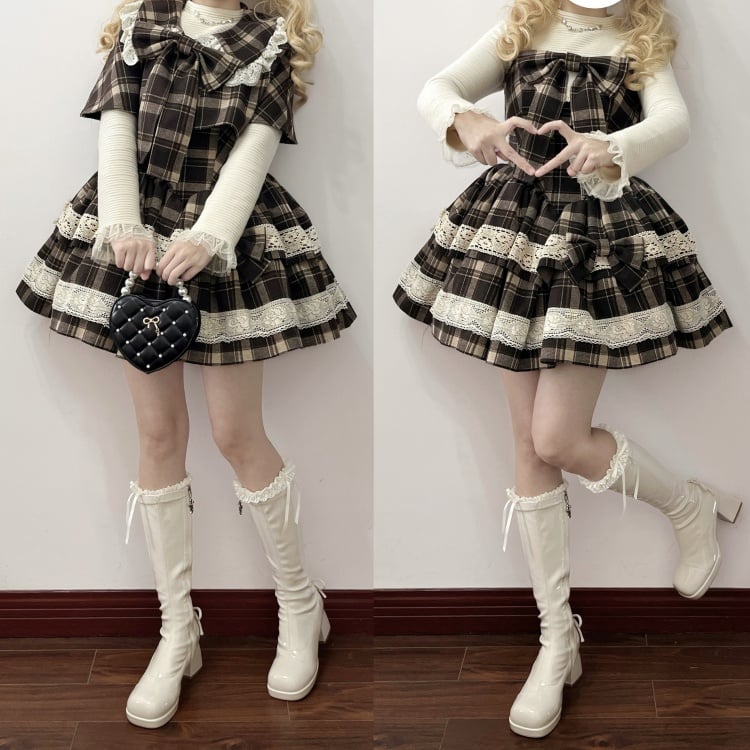 Brown Plaid Pattern Little Detective Jumper Skirt + Cape + Beret - Sukuroi