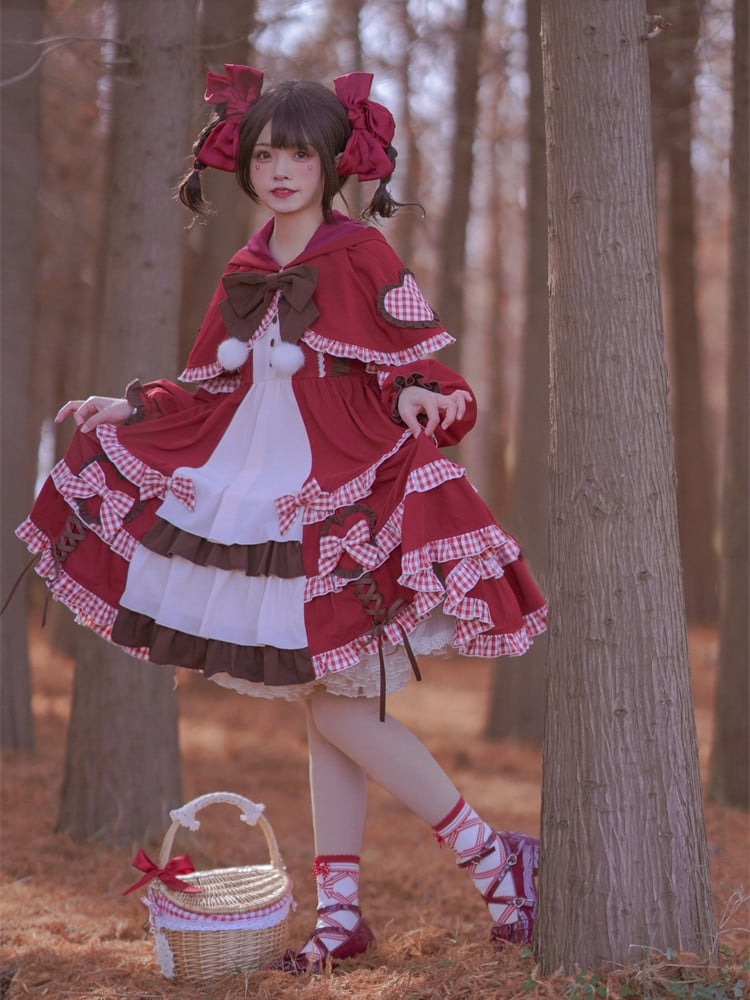 Little Red Riding Hood Full Set - Bowknot Details Empire Waist Sweet One Piece + Hooded Cape