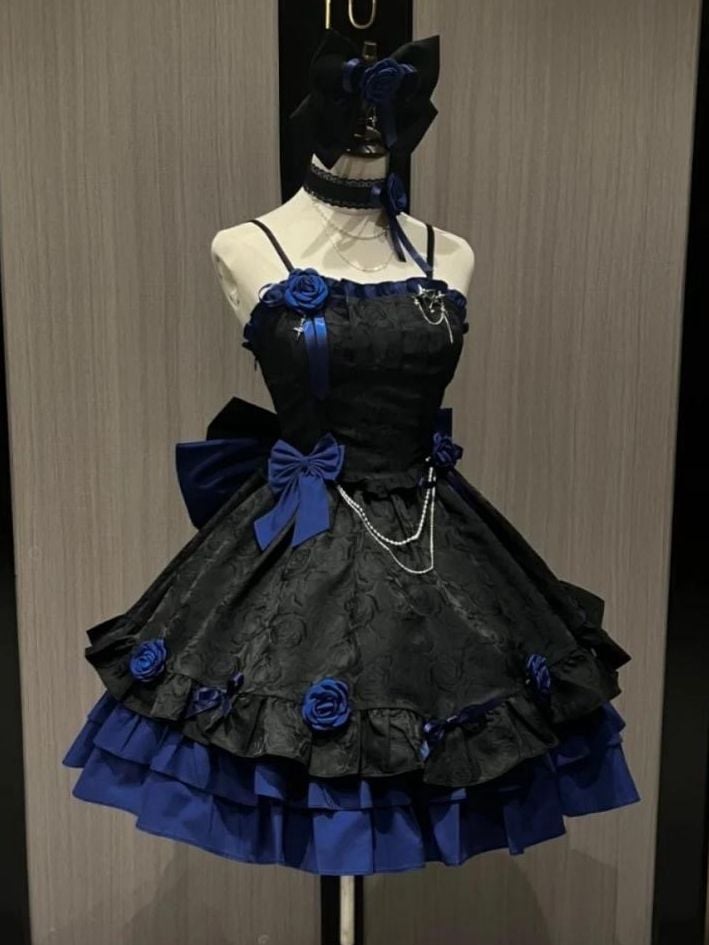 Black and Dark Blue Gothic Rosette Dress Basque Waist Jumper Skirt