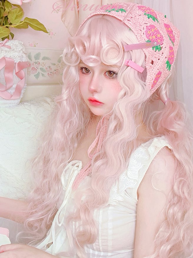 Light Pink Curly Long Synthetic Wig with Curly Bangs