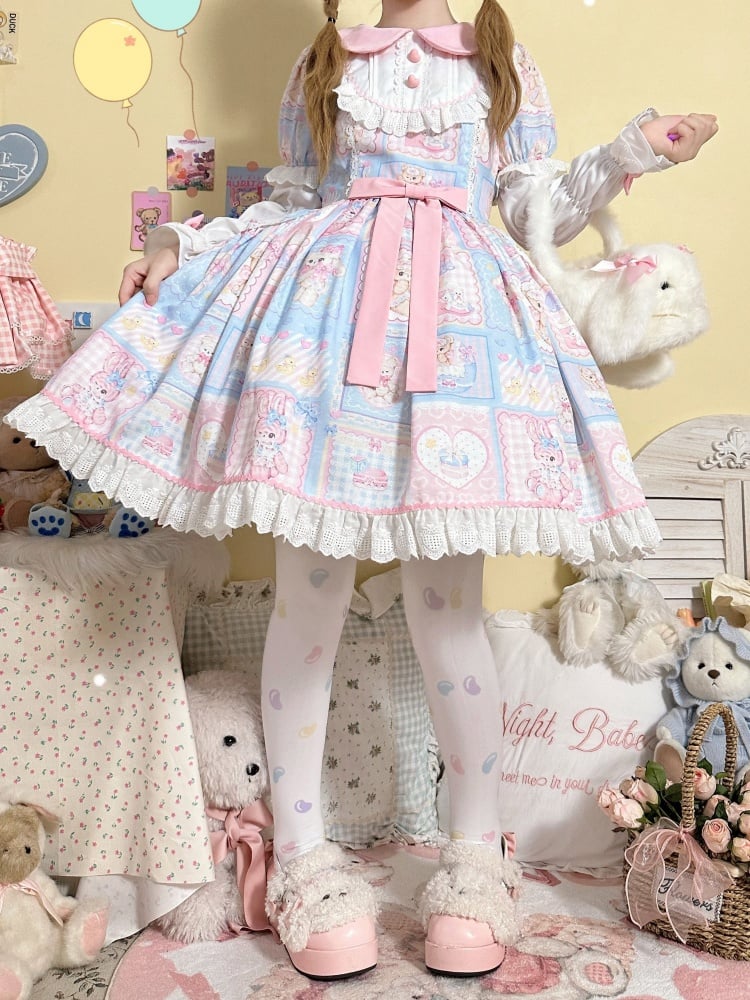 Blue Sweet Teddy and Bunny Print One Piece with Detachable Sleeves