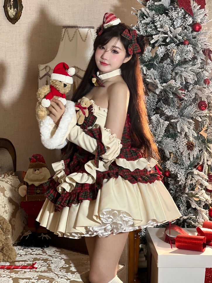 Christmas Red Plaid Pattern Teddy Theme Strapless Dress + Sleeves