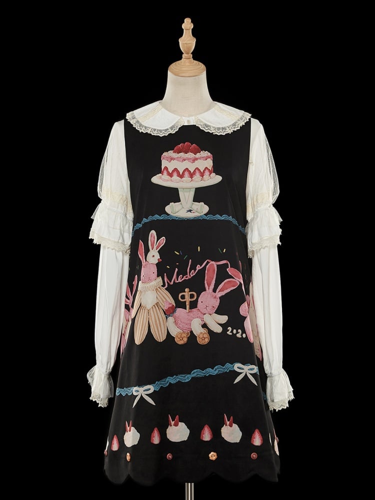 Black Bunny and Cake Print Reversible Daily Jumper Skirt - Sukuroi