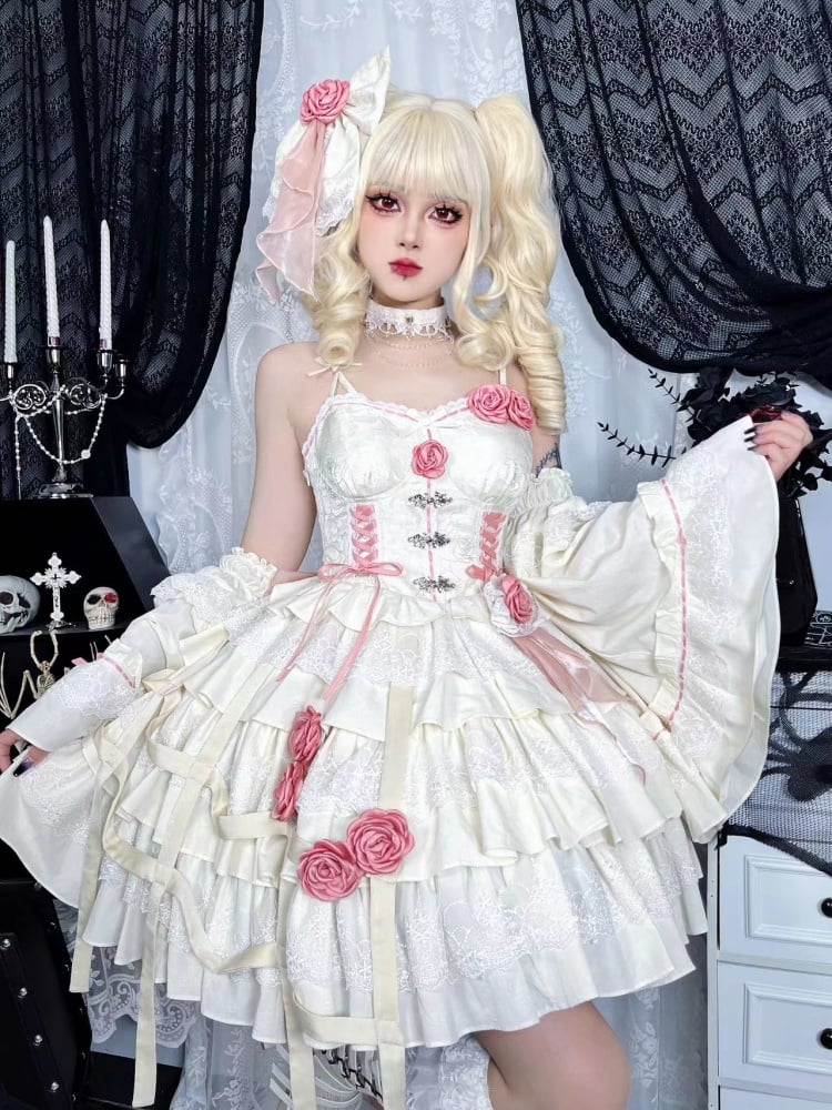 White and Pink Rosette Jumper Skirt Pastel Goth Jacquard Dress/Full Set with Birdcage Skirt