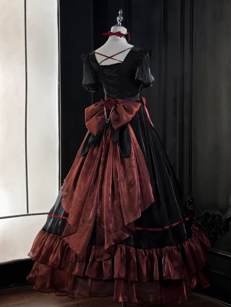 Black and Red Elegant Princess Dress Puff Sleeves Gorgeous One Piece