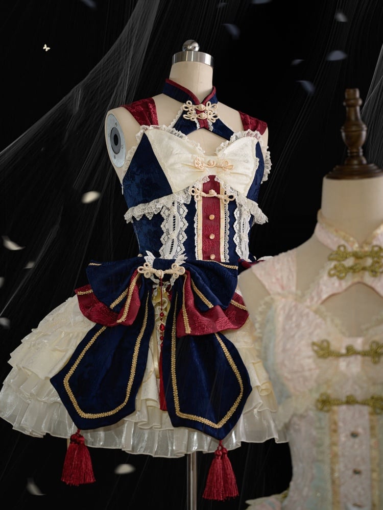 Dark Blue and Red Detachable Collar Qi Tiered Ruffles Jumper Skirt - Sukuroi