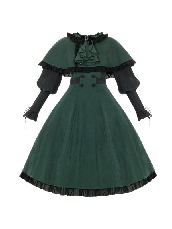 Dark Academia Fashion Slytherin Green and Black Leg-of-Mutton Sleeves One Piece