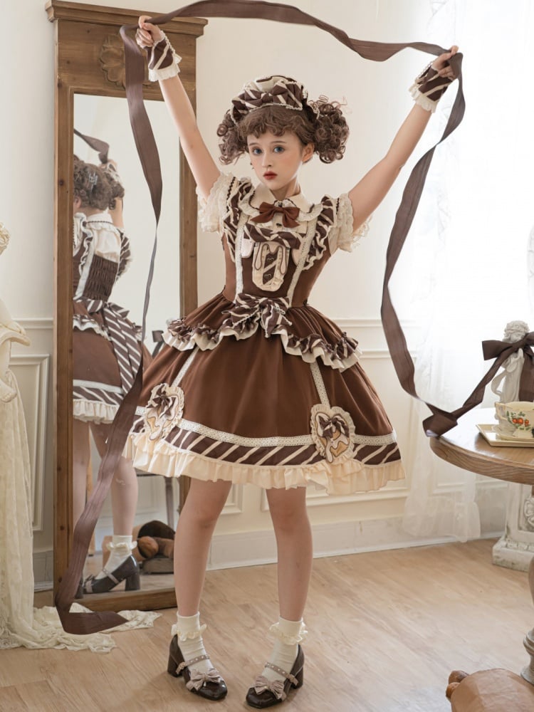 Brown Square Neckline Chocolate Stripes Jumper Skirt