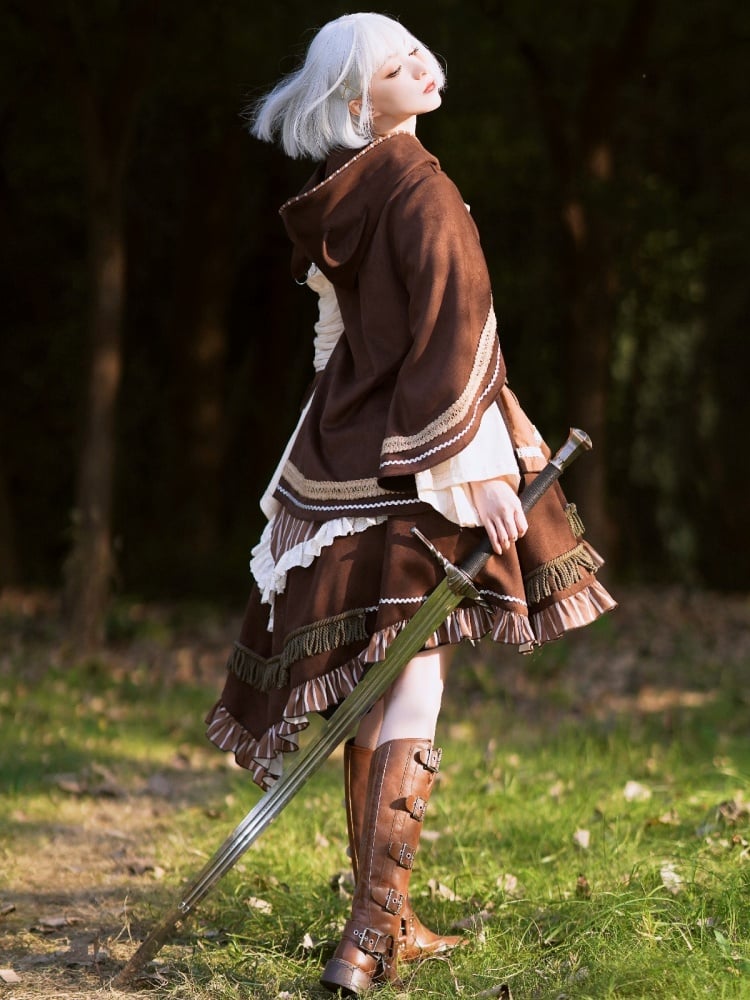 Brown Open Shoulders One Piece + Corset Belt + Cape Steampunk Hunter OP Full Set