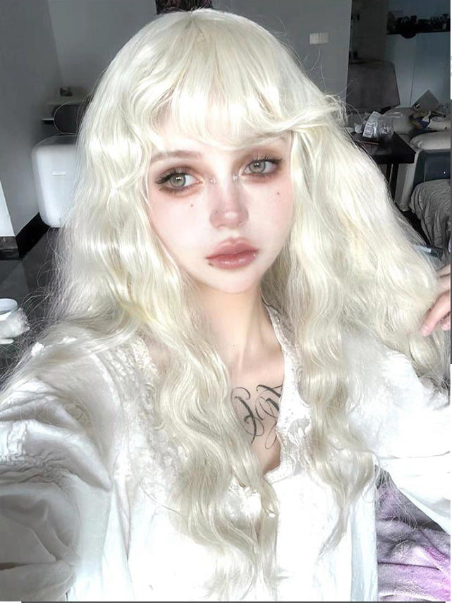 White Wavy Synthetic Wig with Curly Bangs