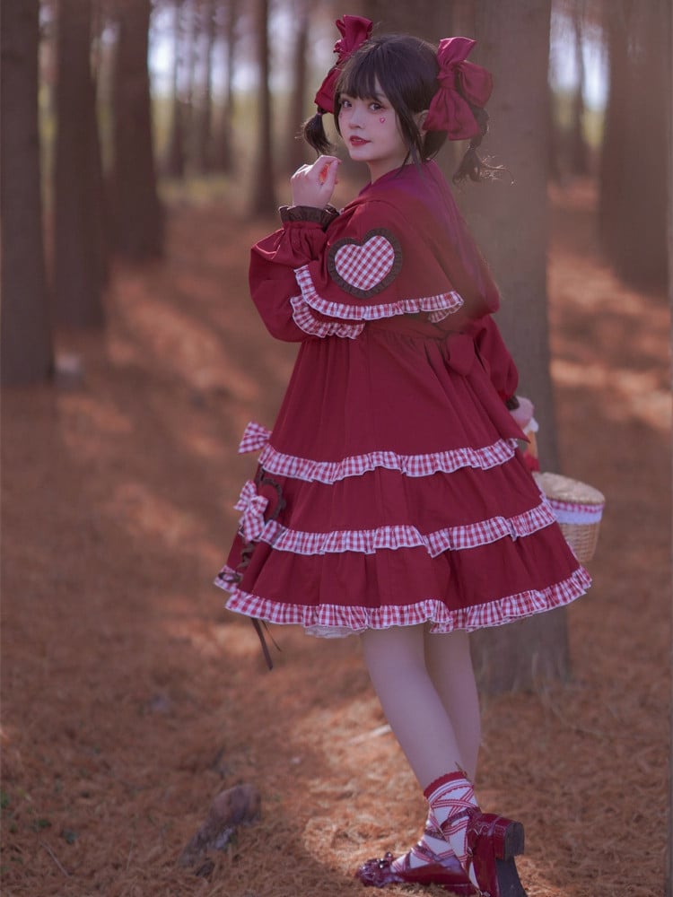 Little Red Riding Hood Full Set - Bowknot Details Empire Waist Sweet One Piece + Hooded Cape