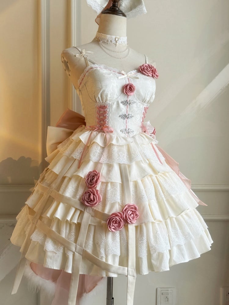 White and Pink Rosette Jumper Skirt Pastel Goth Jacquard Dress/Full Set with Birdcage Skirt