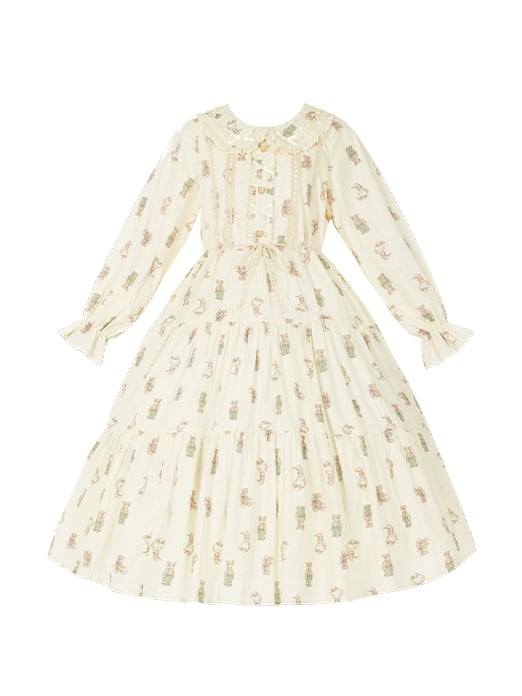 Creamy Bear and Rabbit Print Autumn Peter Pan Collar One Piece