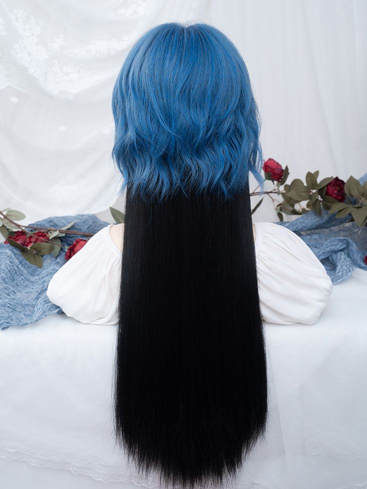 Dark Blue Highlights Black Long Straight Synthetic Wig