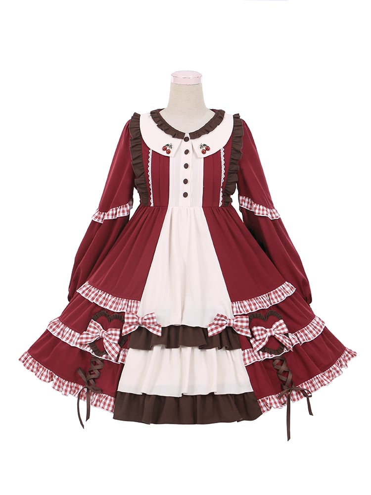 Little Red Riding Hood Full Set - Bowknot Details Empire Waist Sweet One Piece + Hooded Cape