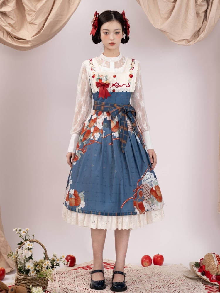 Apple and Floral Embroidery Square Neckline Blue Jumper Skirt