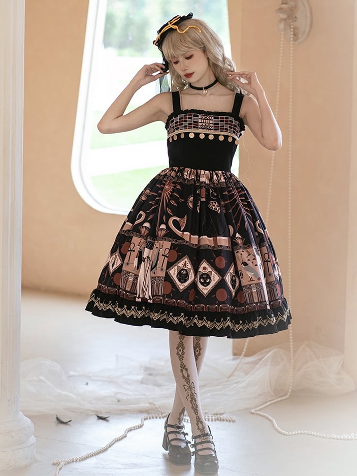 Black Ancient Egypt Totem Print High Waist Jumper Skirt