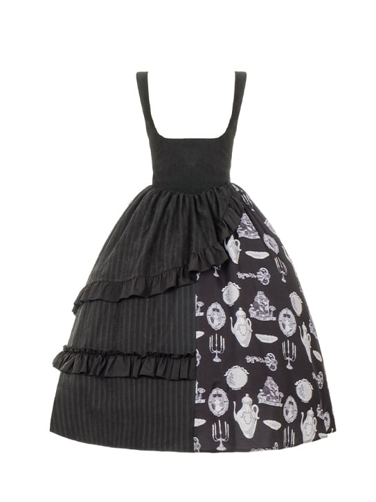 Candlestick and Teapot Print Black Under Bust Jumper Skirt