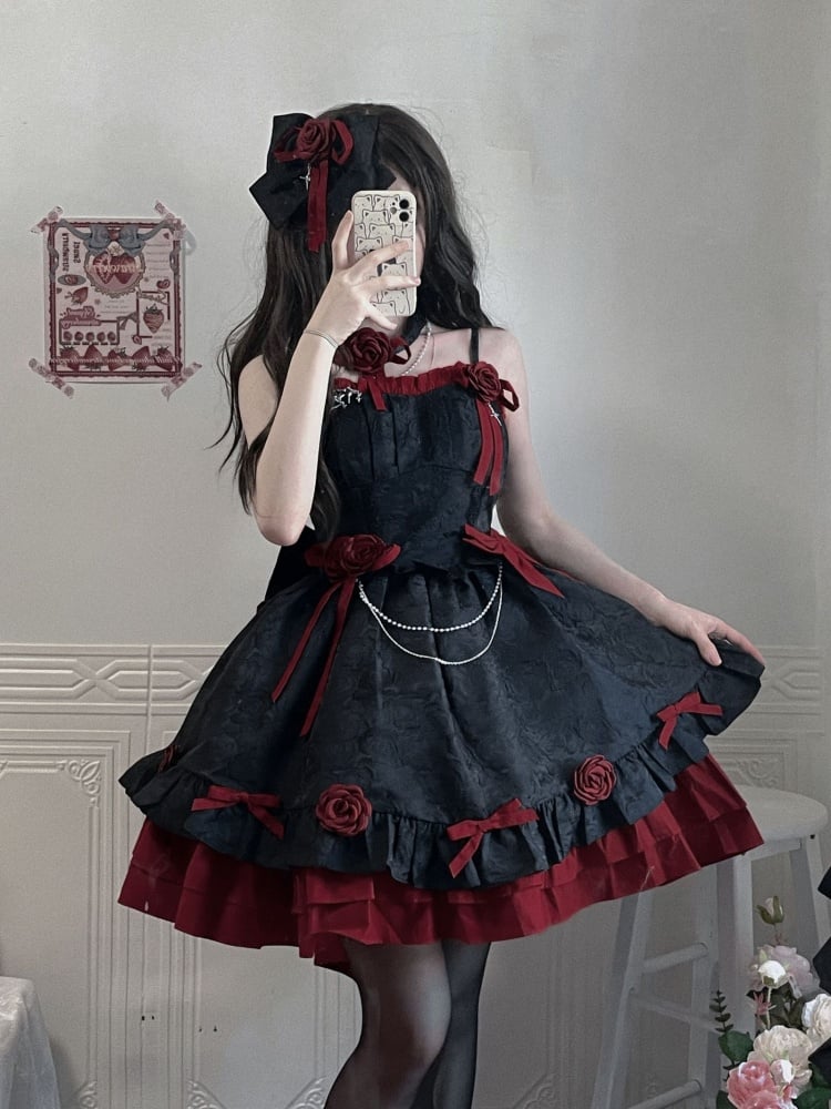 Black and Dark Red Gothic Rosette Dress Basque Waist Jumper Skirt