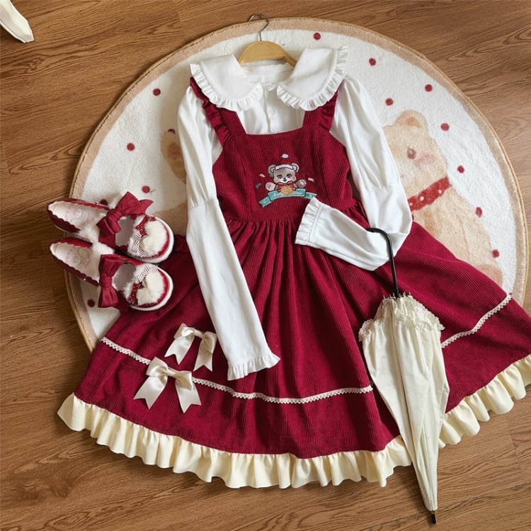 Red Christmas Bear Embroidery Bodice High Waist Jumper Skirt