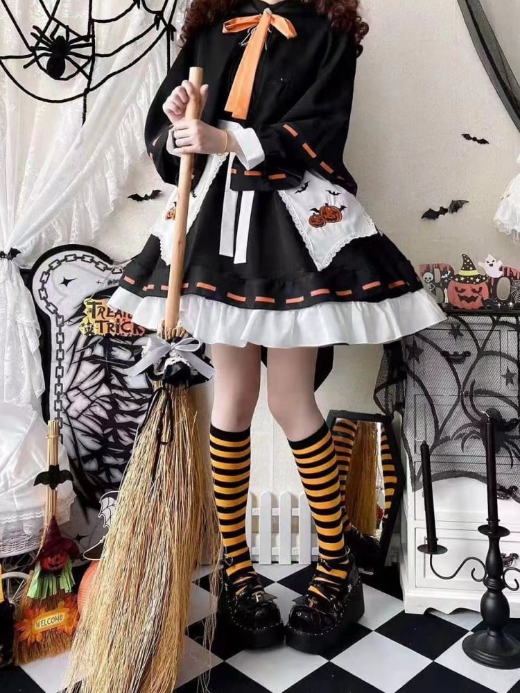 Halloween Sweet Witch Dress Full Set-Black One Piece+Pumpkin Embroidery Cape+White Apron+Bow Train