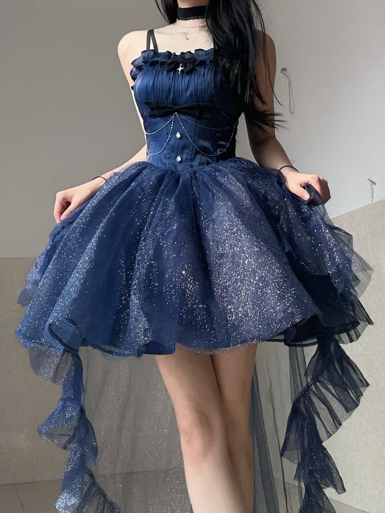 Dark Blue Glittering Princess Dress Basque Waist Jumper Skirt Full Set