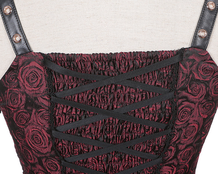 Rose Pattern Wine Red Sweetheart Neckline Gothic Jumper Skirt Lace-up Detail