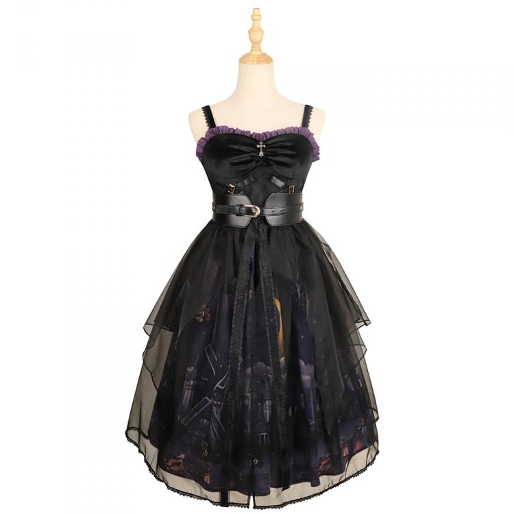 Witch Town Bat Collar Shirt / Tulle Overlay Gothic Jumper Skirt Set