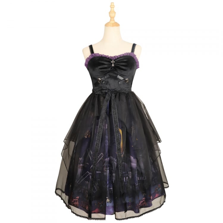 Witch Town Bat Collar Shirt / Tulle Overlay Gothic Jumper Skirt Set