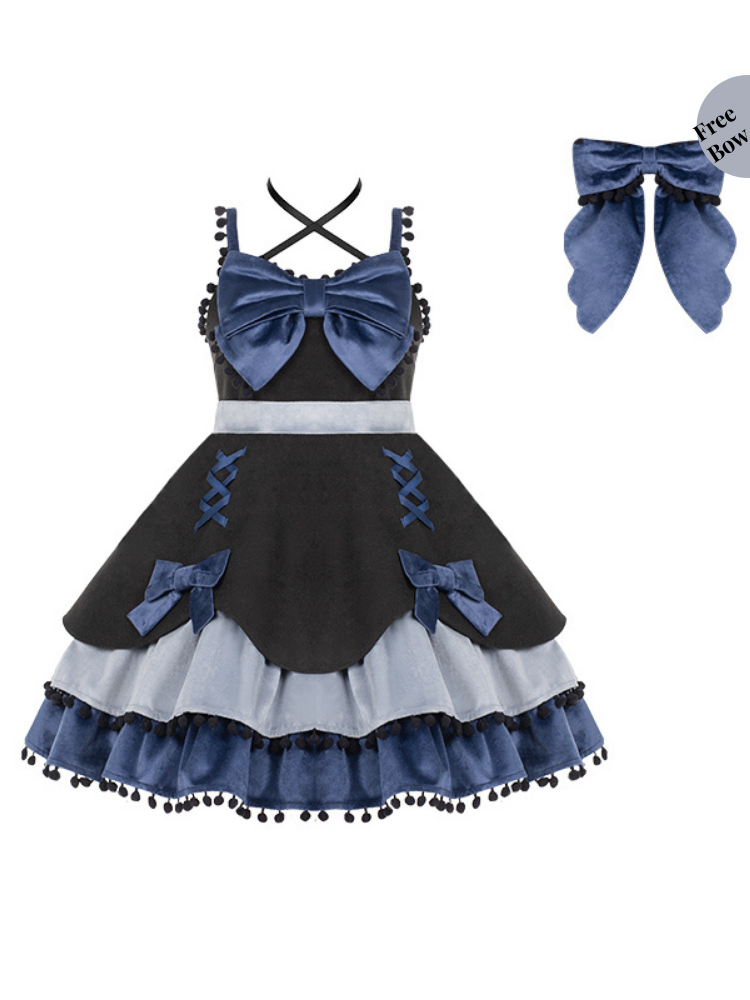 Pompom Trim Tiered Flounce Skirt Bowknot Sweet Winter Lolita Dress