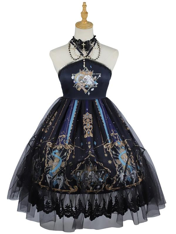 Gothic Print Halt Neck Lolita Dress Full Set