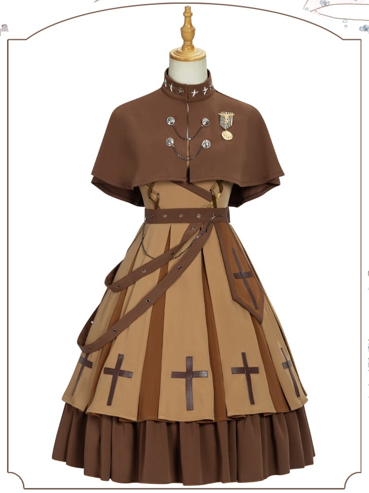 Brown Military Full Set- Jumper Skirt+ Cape + Waistbelt + Badge