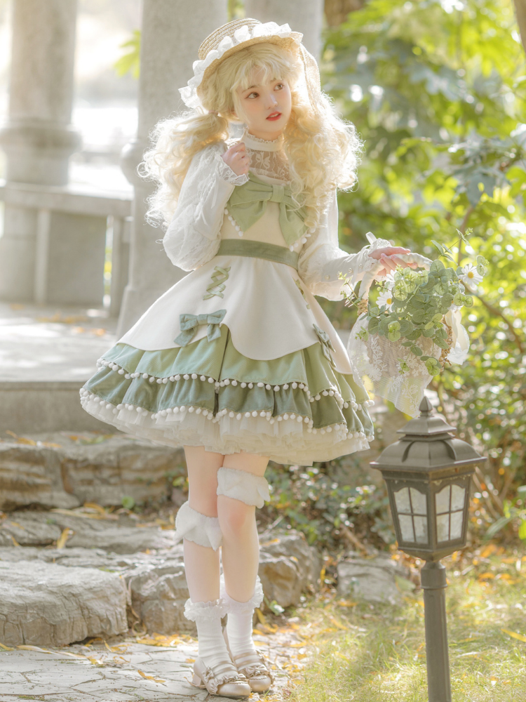 Pompom Trim Tiered Flounce Skirt Bowknot Sweet Winter Lolita Dress