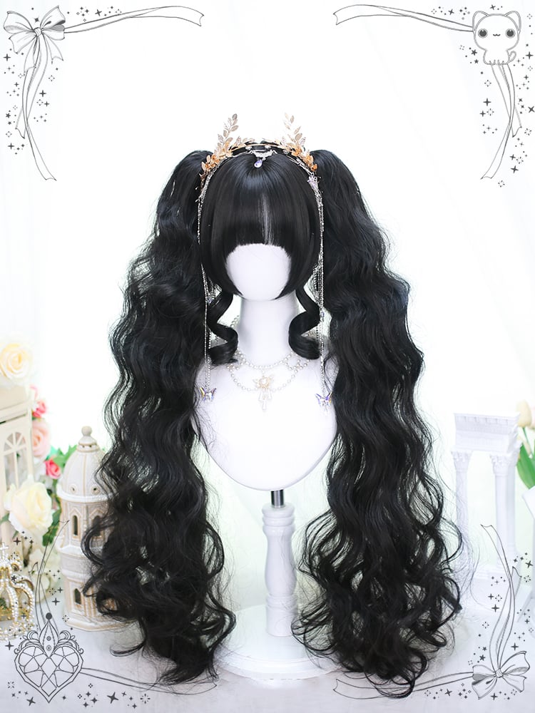 Black Short Straight Wig with Long Wavy Double Ponytails